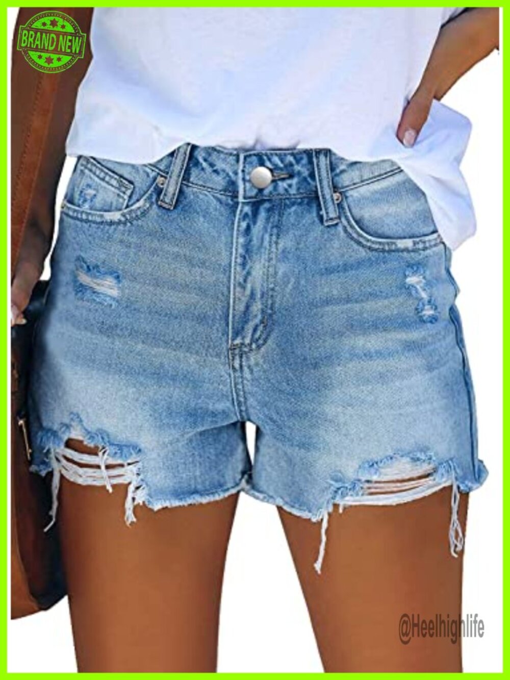 Mid-High Waisted Stretchy Denim Jean Shorts Ripped Distressed Cutoff 5 Pockets